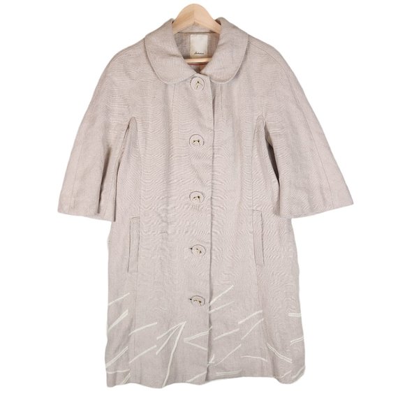 Elevenses Anthropologie Peacoat Womens 8 Beige Linen Embroidered Artsy Retro - Picture 1 of 12